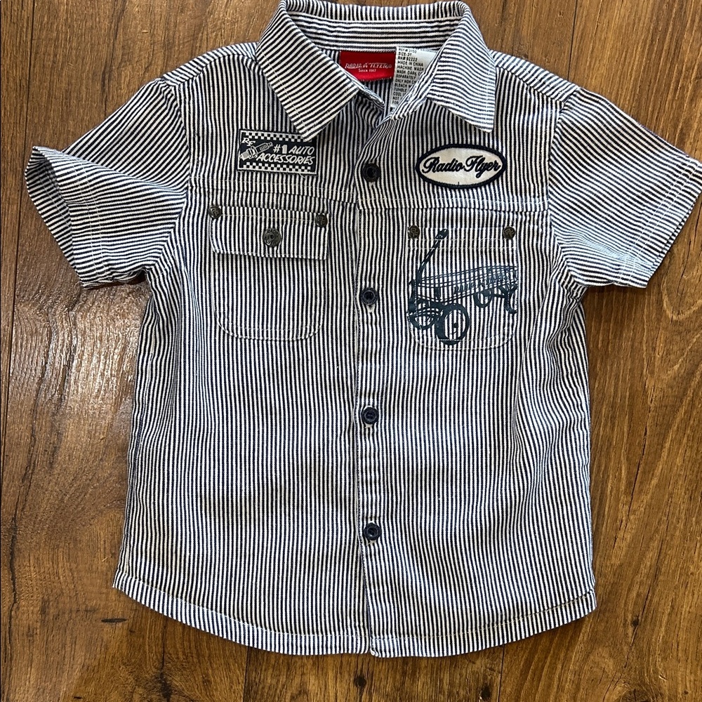 Radio Flyer Kids Button Down Shirt - Navy and White Stripes.  Vintage